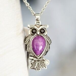 🆕 New Vintage Looking Silver Owl Pendant Necklace with Purple Stone